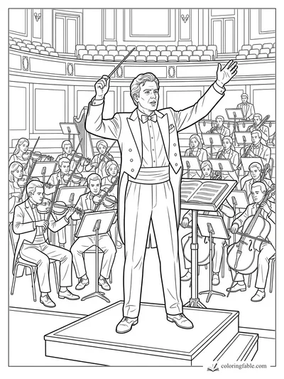 Realistic coloring page of a tuxedoed conductor leading an orchestra in a grand concert hall.