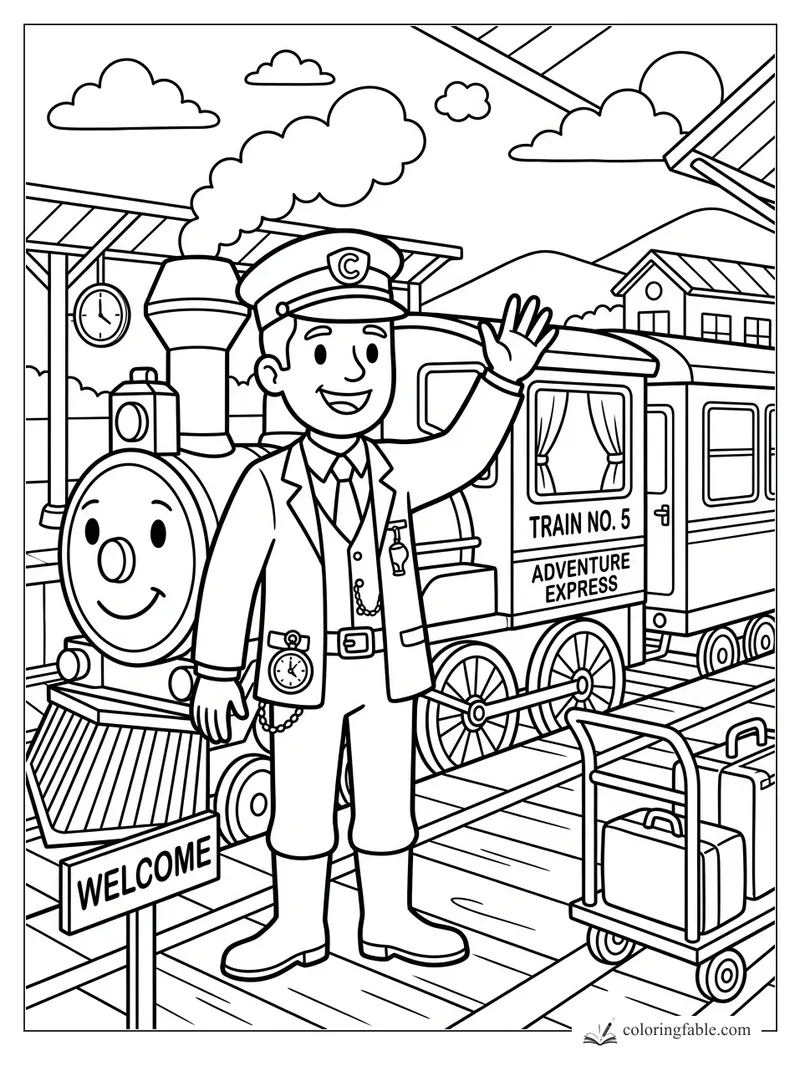 Smiling conductor waves beside Train No. 5 Adventure Express at a station with luggage and a welcome sign.