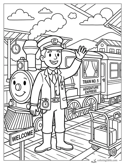 Smiling conductor waves beside Train No. 5 Adventure Express at a station with luggage and a welcome sign.