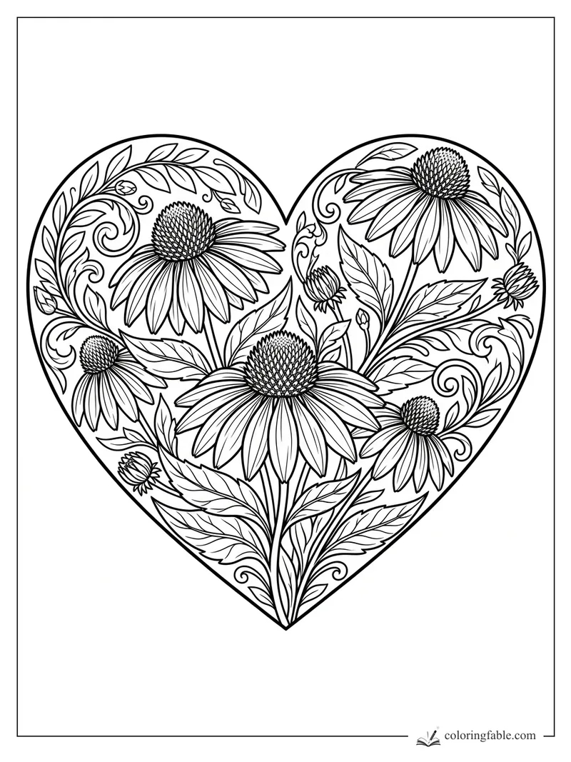 Intricate floral heart coloring page with coneflowers, leafy stems, buds, and curling vines