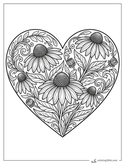 Intricate floral heart coloring page with coneflowers, leafy stems, buds, and curling vines