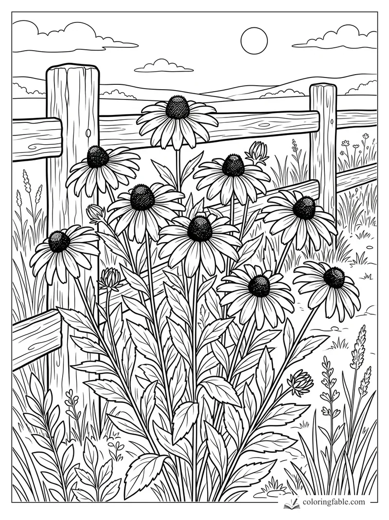 Coneflowers blooming beside a wooden split-rail fence with hills, sun, clouds, and tall grass