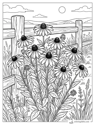 Coneflowers blooming beside a wooden split-rail fence with hills, sun, clouds, and tall grass