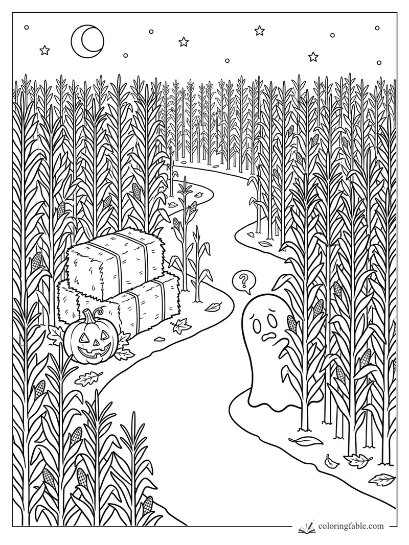 Worried ghost with question mark in a corn maze, beside hay bales, jack-o’-lantern, crescent moon, and stars.