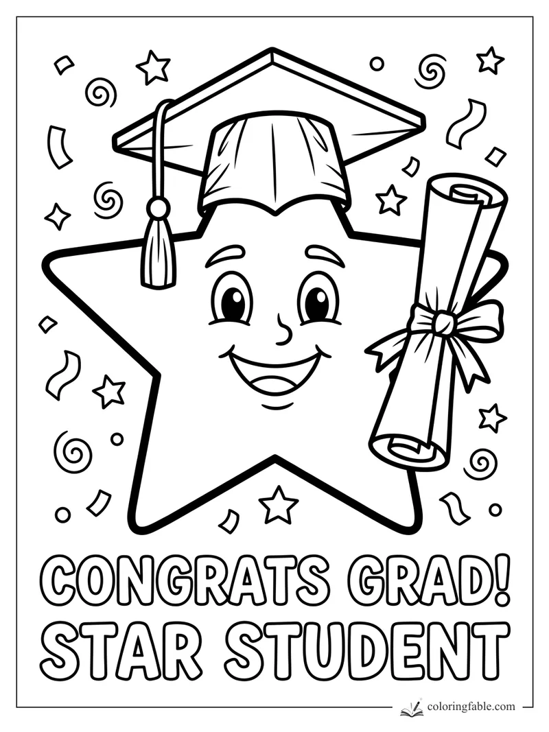 Smiling star graduate in mortarboard holding a bow-tied diploma with confetti and bold congrats text.