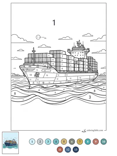 Container Ship Riding Rolling Waves — color by number