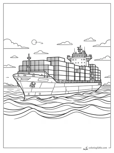 Large container ship stacked with cargo boxes, bridge, clouds, and rolling ocean waves coloring page
