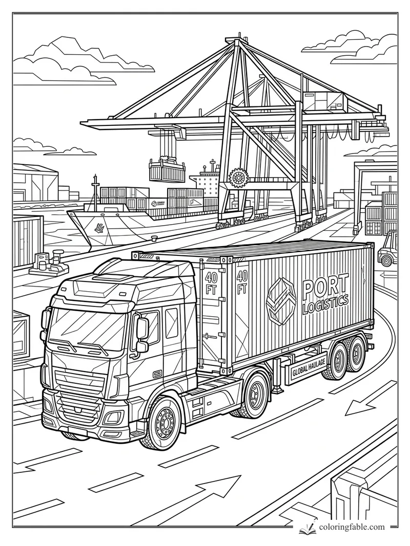 Geometric container truck passing cranes, cargo ship, and stacked port boxes