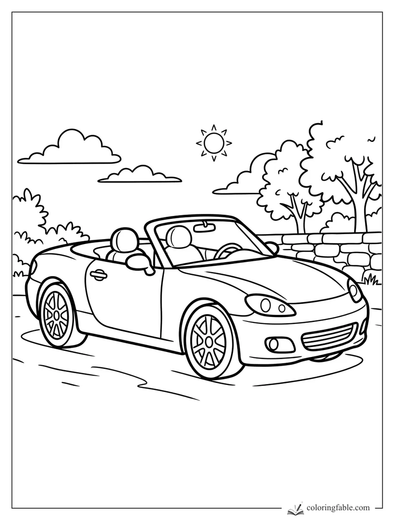 Convertible sports car with two seats, shiny wheels, trees, clouds, and sun by a stone wall