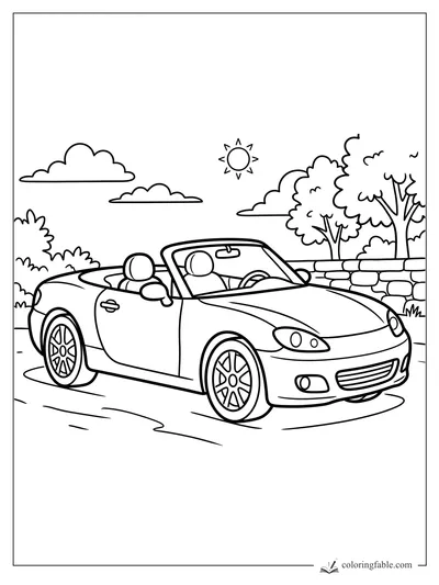 Convertible sports car with two seats, shiny wheels, trees, clouds, and sun by a stone wall