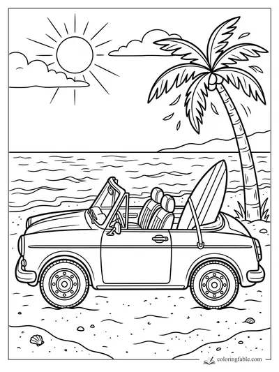 Beach convertible coloring page with surfboard, palm tree, sun, ocean waves, and shells.