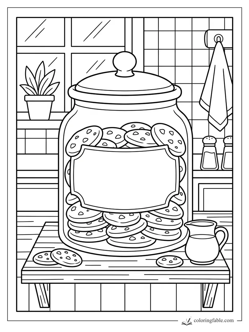 Large cookie jar filled with chocolate chip cookies on a kitchen table by a window and pitcher.