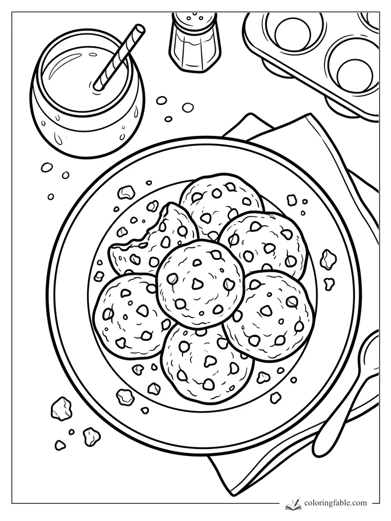 Cartoon plate of chocolate chip cookies with milk, striped straw, shaker, muffin pan, spoon, and napkin