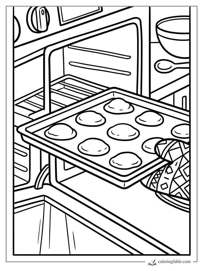 Cartoon cookies on a baking sheet being pulled from an open oven with a patterned oven mitt
