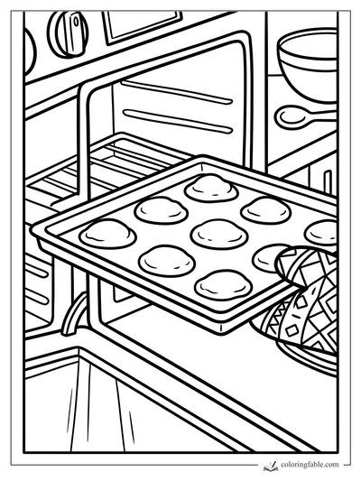 Cartoon cookies on a baking sheet being pulled from an open oven with a patterned oven mitt
