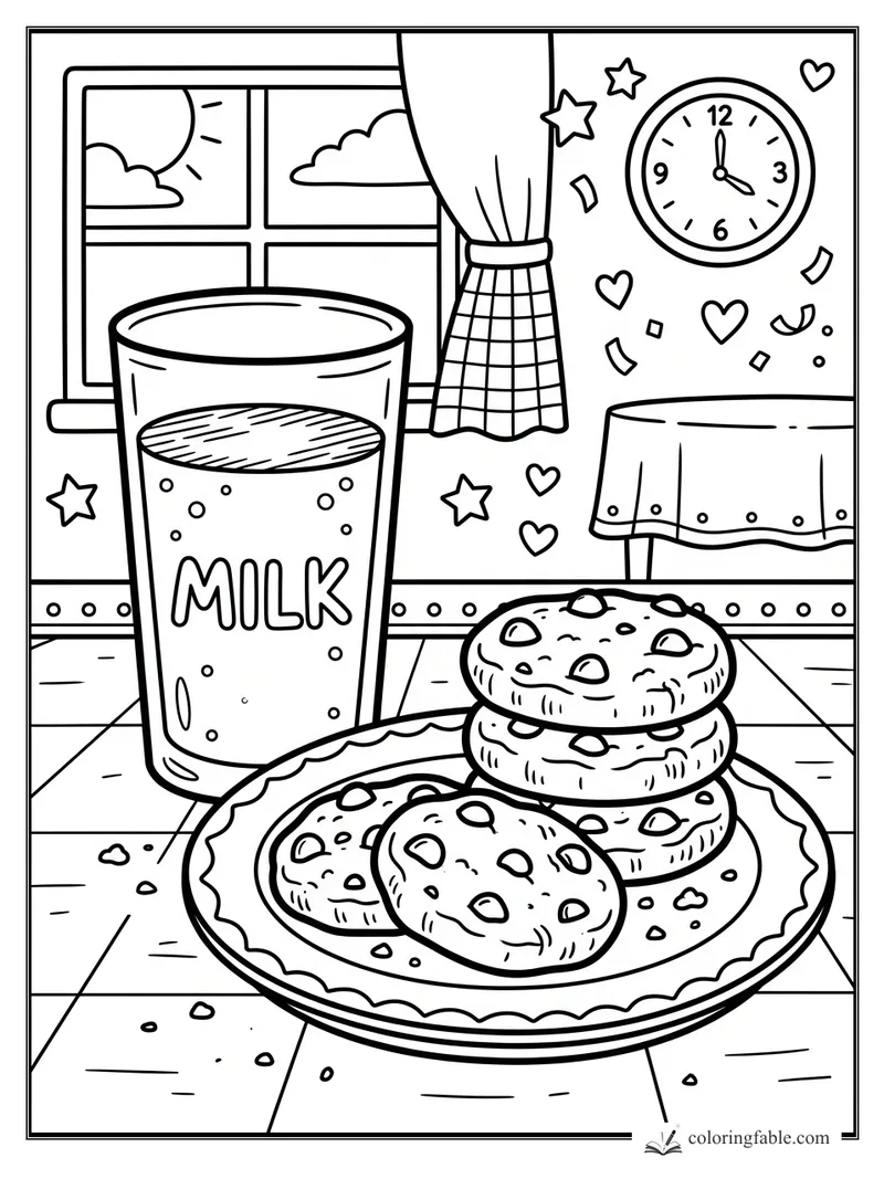 Cartoon cookies on a plate beside a glass of milk, window, clock, hearts, and stars in a kitchen.