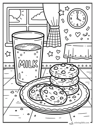 Cartoon cookies on a plate beside a glass of milk, window, clock, hearts, and stars in a kitchen.