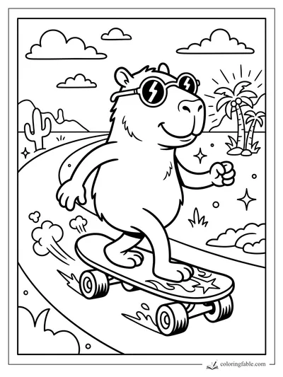 Capybara in lightning sunglasses rides a skateboard past cacti, palms, clouds, and desert sparkles.
