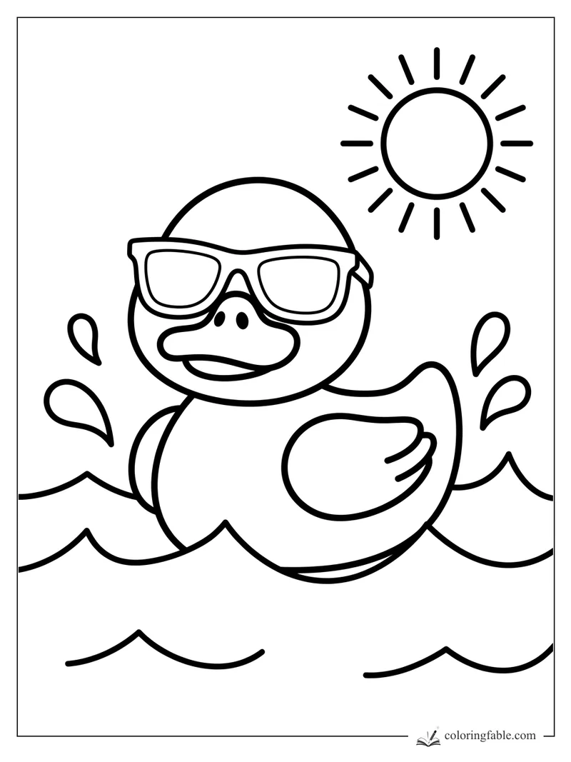 Cartoon duck wearing sunglasses in ocean waves with splashes and a bright sun overhead