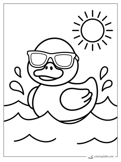 Cartoon duck wearing sunglasses in ocean waves with splashes and a bright sun overhead
