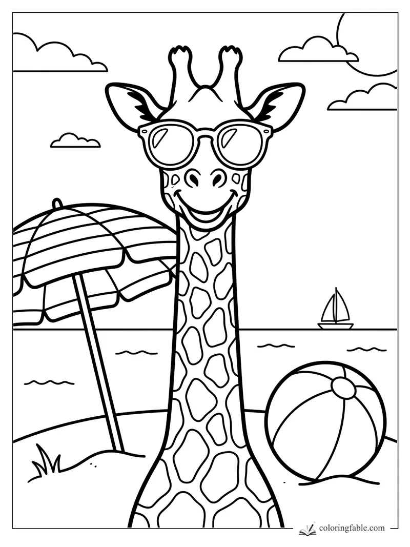 Smiling giraffe in sunglasses at the beach with striped umbrella, beach ball, clouds, waves, and sailboat.
