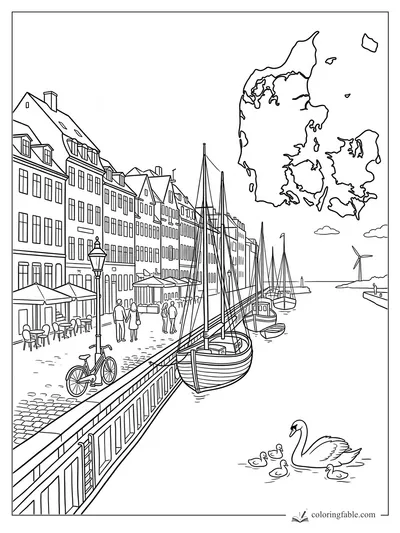 Copenhagen canal coloring page with townhouses, sailboats, swans, bicycle, wind turbine, and Denmark map