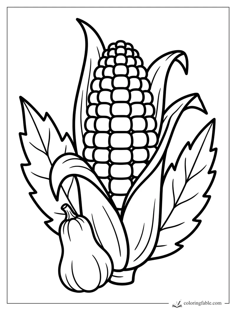 Easy fall coloring page with corn on the cob, open husks, jagged leaves, and a small gourd.