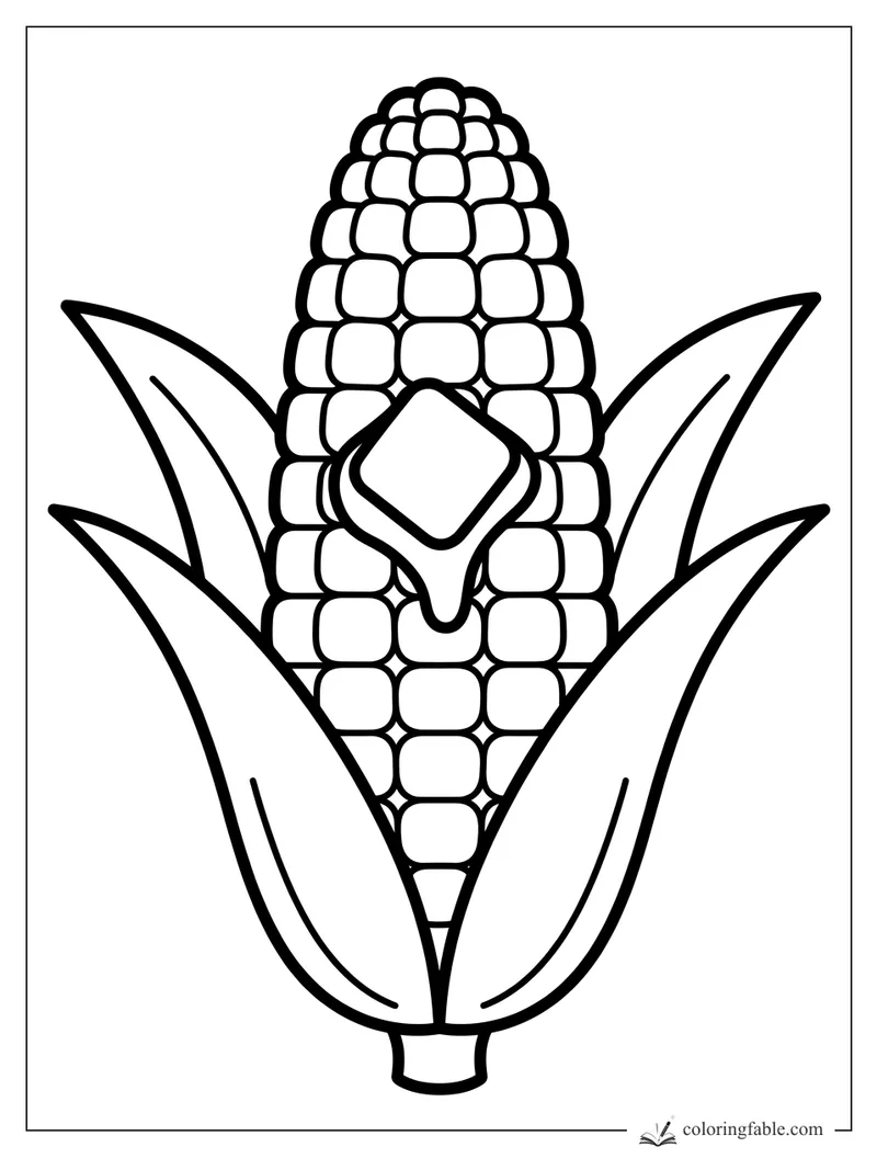 Simple corn cob coloring page with big kernels, open husks, and a melting pat of butter.