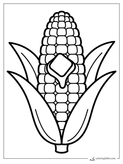 Simple corn cob coloring page with big kernels, open husks, and a melting pat of butter.