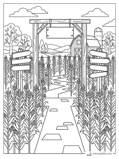 Geometric corn maze entrance with wooden arch, blank sign, barns, silo, clouds, and arrow signs.