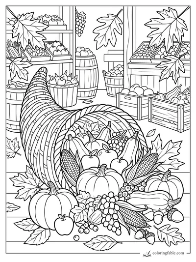 Thanksgiving cornucopia overflowing with pumpkins, corn, grapes, apples, squash, acorns, leaves, and market crates.