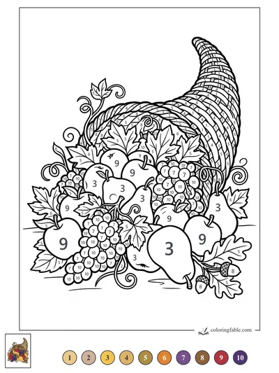 Cornucopia with Apples, Pears, Grapes, and Acorns — color by number