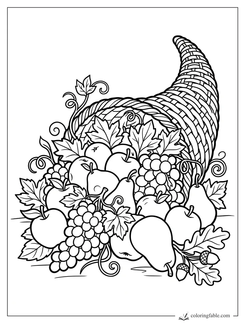 Cornucopia coloring page with apples, pears, grape clusters, vine leaves, curled tendrils, and acorns.