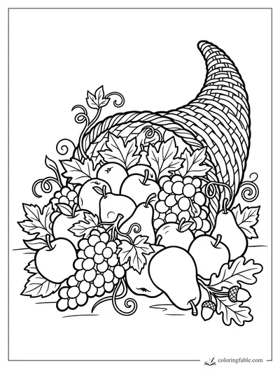 Cornucopia coloring page with apples, pears, grape clusters, vine leaves, curled tendrils, and acorns.
