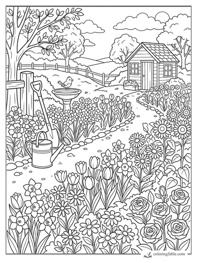 Flower garden coloring page with tulips, roses, daisies, birdbath, tools, fence, and a small shed
