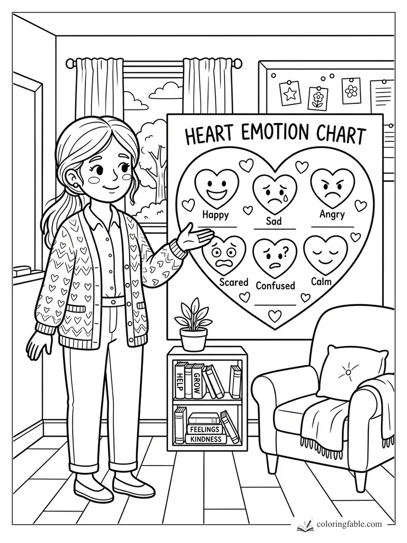 Counselor beside a heart emotion chart in a cozy room with books, plant, window, and armchair.