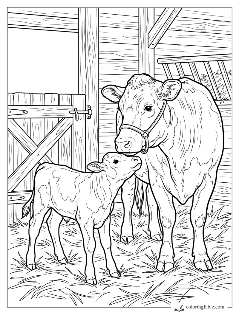 Realistic cow in a halter nuzzling her calf beside a wooden barn gate and hay rack.