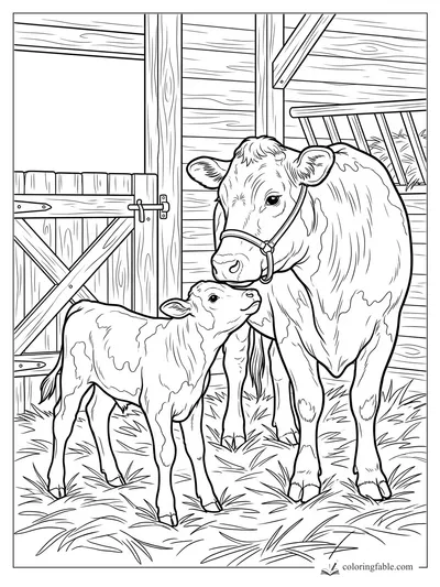 Realistic cow in a halter nuzzling her calf beside a wooden barn gate and hay rack.