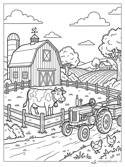 Farm coloring page with cow, barn, tractor, chickens, fenced pasture, fields, trees, silo, and clouds.