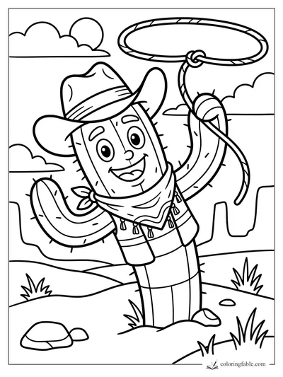 Smiling cowboy cactus twirls a lasso in a desert scene with hat, scarf, rocks, grass, clouds, and mesas.