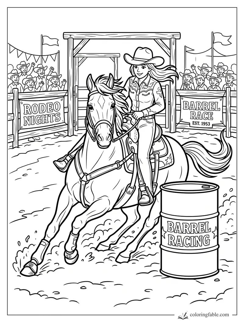 Cartoon cowgirl and horse turning around a barrel in a rodeo arena with cheering fans