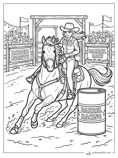 Cartoon cowgirl and horse turning around a barrel in a rodeo arena with cheering fans