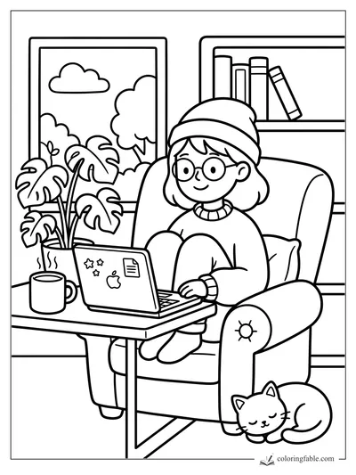 Girl in a beanie using a laptop in an armchair with a cat, plant, mug, window, and bookshelf.