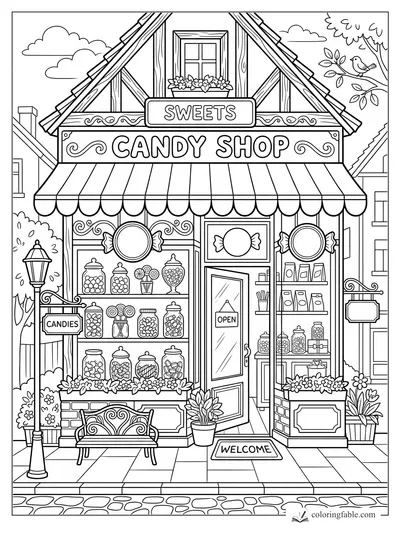 Cartoon candy shop storefront with striped awning, jars of sweets, open door, bench, flowers, and bird