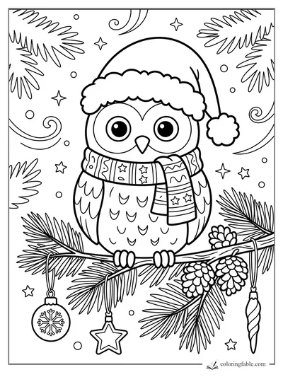 Cartoon owl in Santa hat and patterned scarf perched on pine branch with ornaments and pinecones.