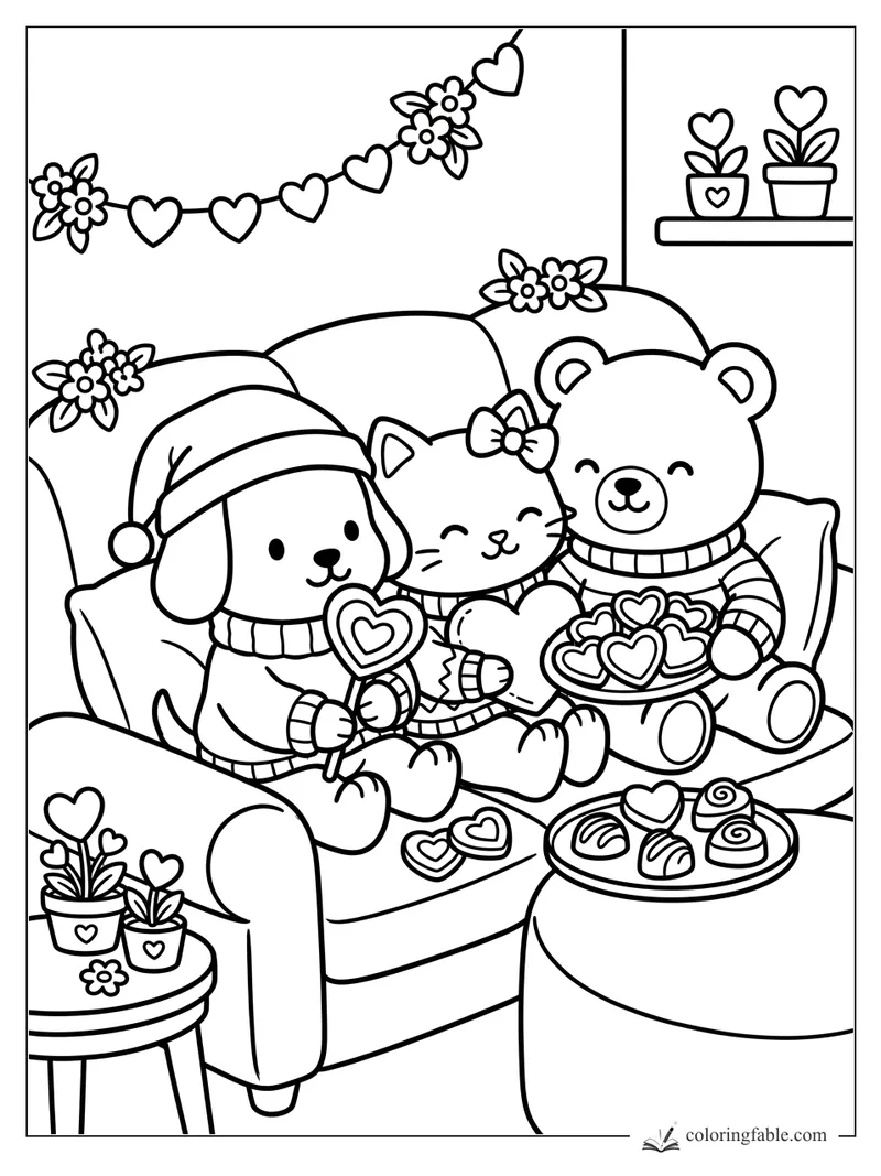 Dog, cat, and bear cuddling on a couch with heart cookies, plants, flowers, and a heart garland.