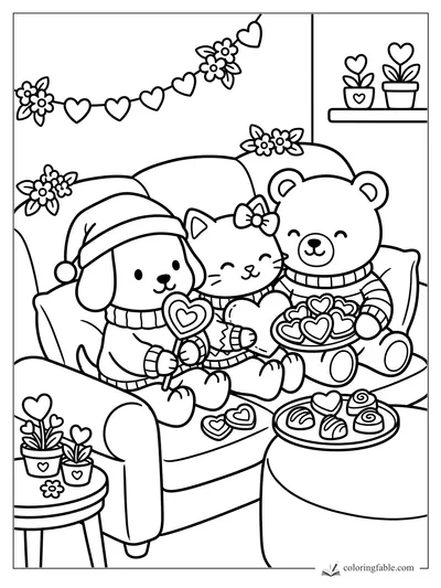 Dog, cat, and bear cuddling on a couch with heart cookies, plants, flowers, and a heart garland.