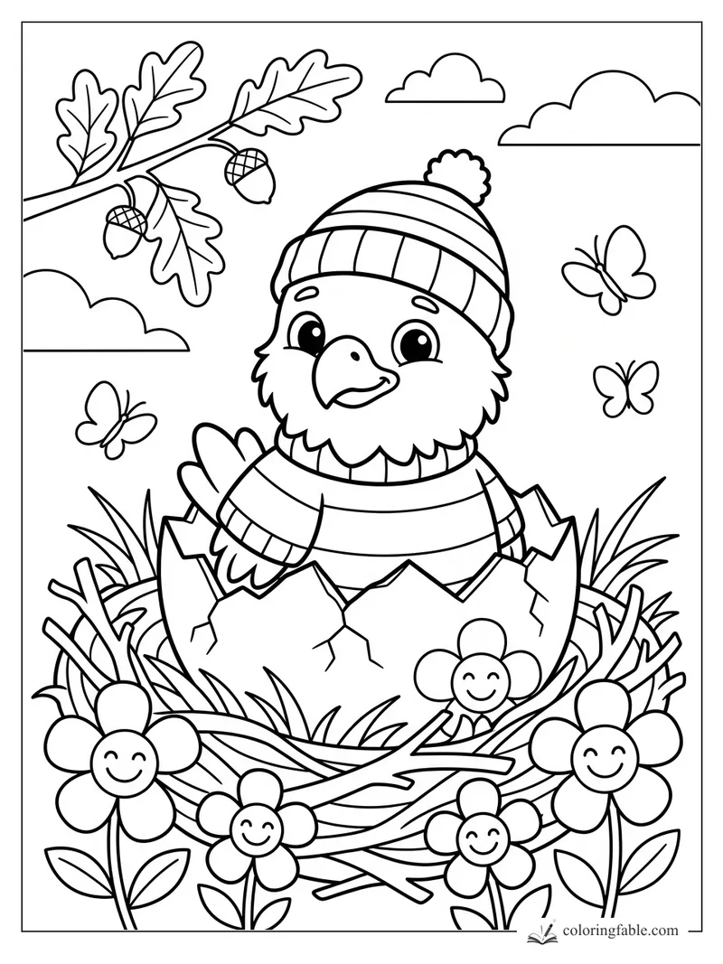 Cute eagle chick in a striped hat hatching from a cracked egg in a nest with flowers, acorns, clouds, and butterflies.