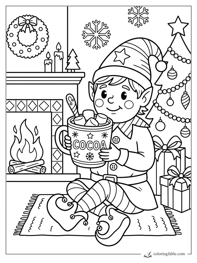 Smiling elf holding a cocoa mug by a fireplace, Christmas tree, wreath, candles, gifts, and snowflakes.