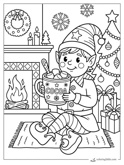 Smiling elf holding a cocoa mug by a fireplace, Christmas tree, wreath, candles, gifts, and snowflakes.